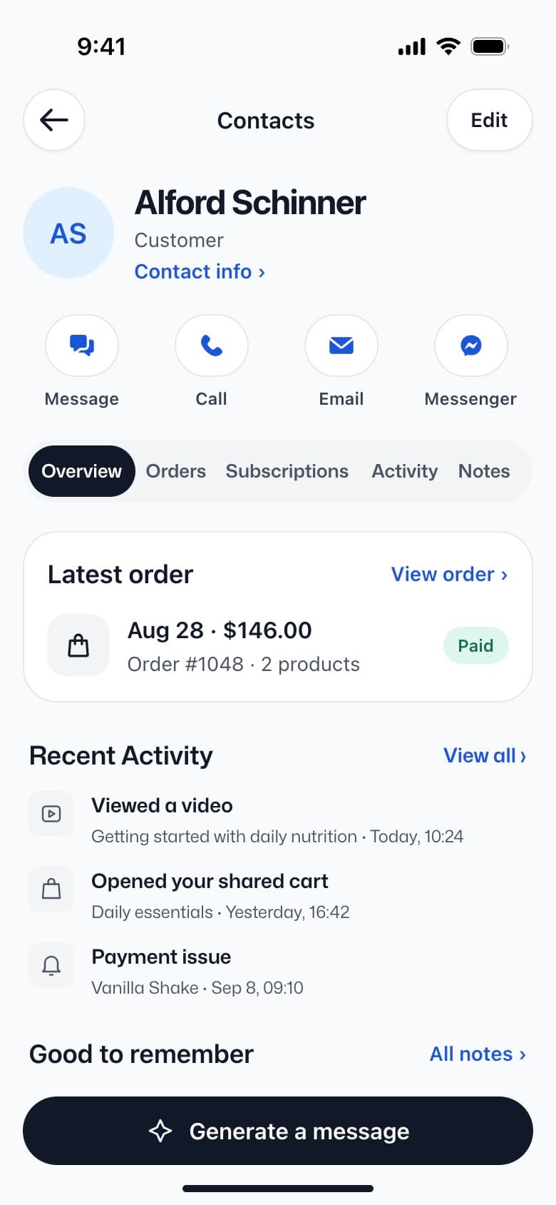 Emma Mobile App contact overview with latest order and recent activity