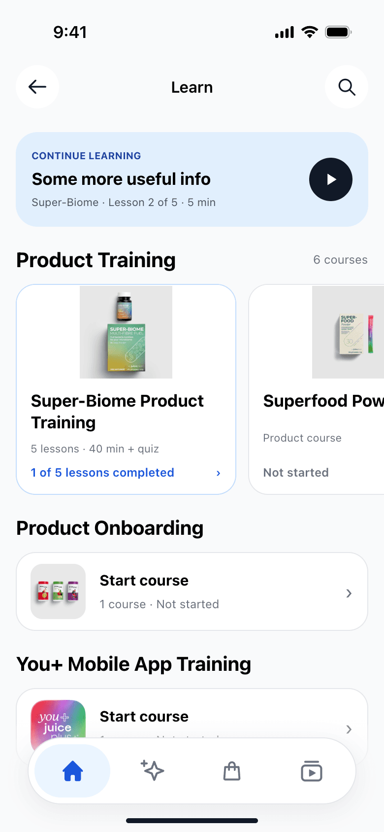 Emma Learn: continue a lesson and browse product training courses with progress