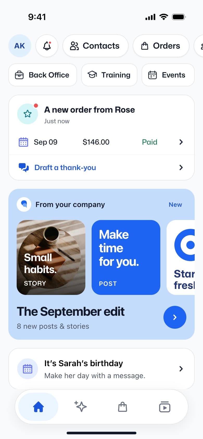 Emma Mobile App home with a new order, company content and a birthday