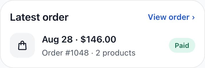 Latest order card: August 28, $146.00, paid