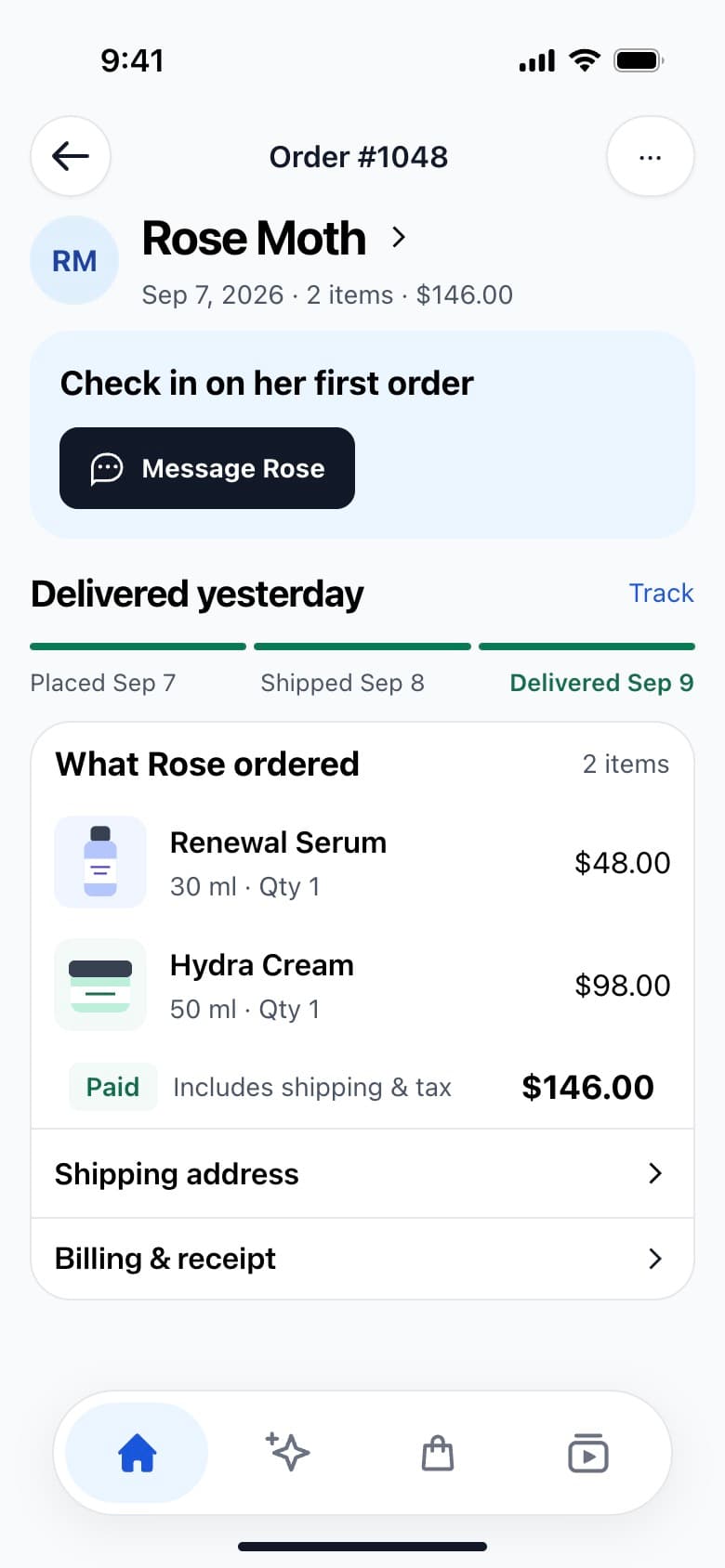 Emma Mobile App order details with items and delivery status