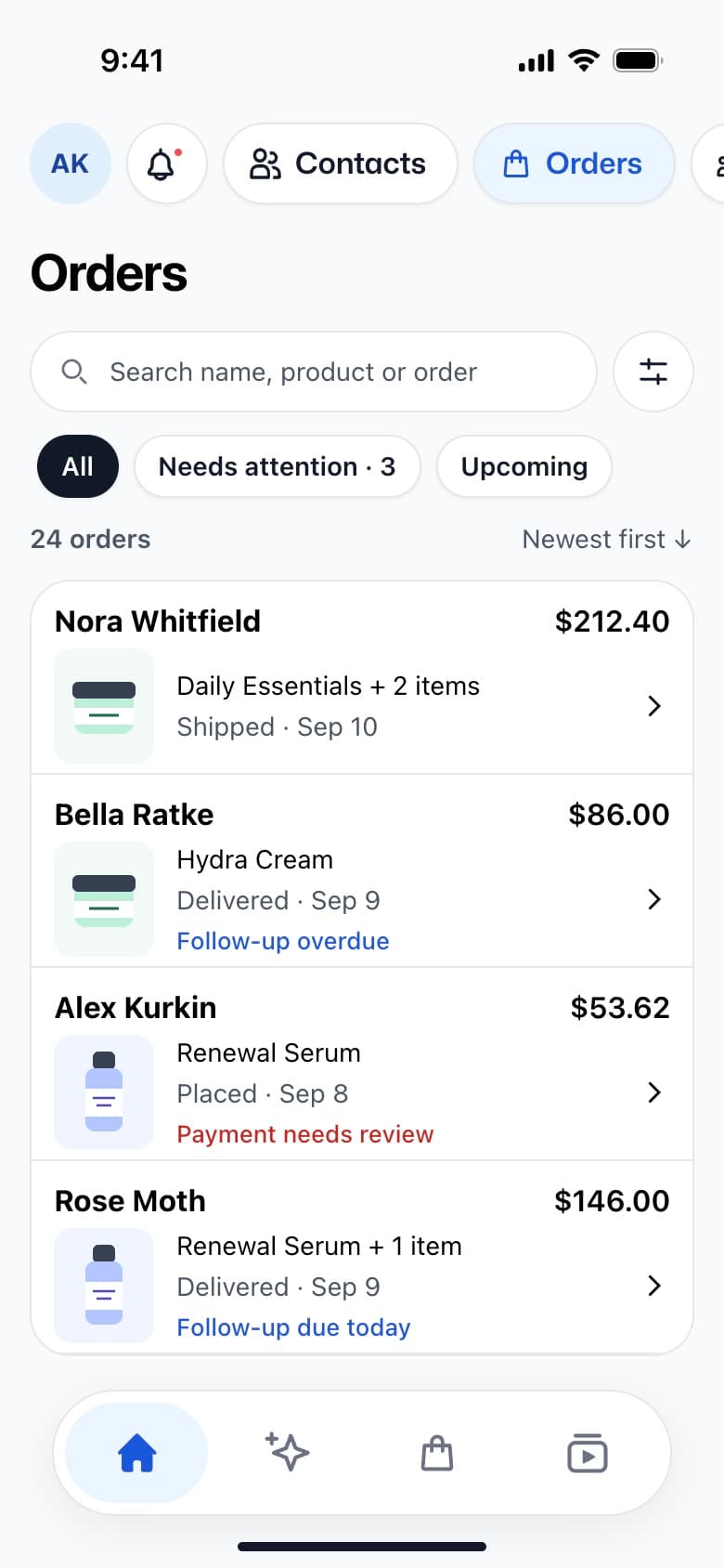 Emma Mobile App order list with filters