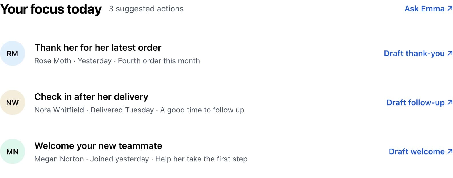 Your focus today: three suggested people to reach, each with a draft action