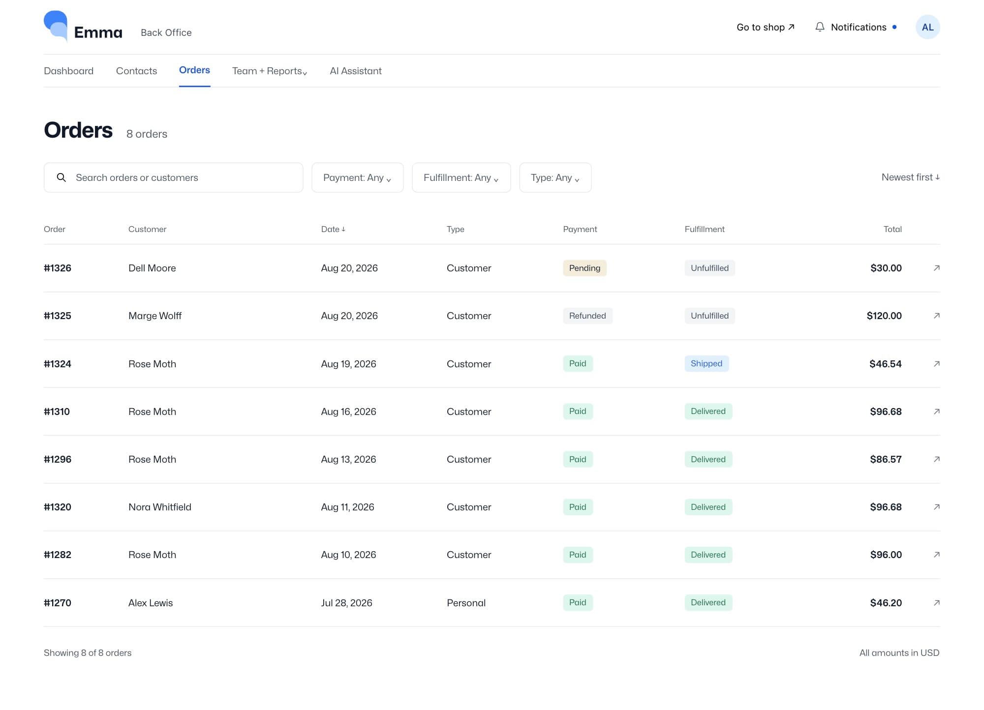 Emma Web Back Office order list with payment and fulfillment status