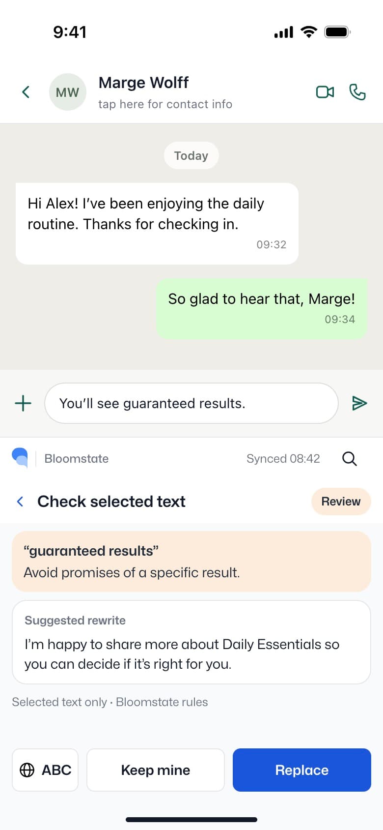 Check with Emma flagging a guaranteed-results claim and suggesting a rewrite